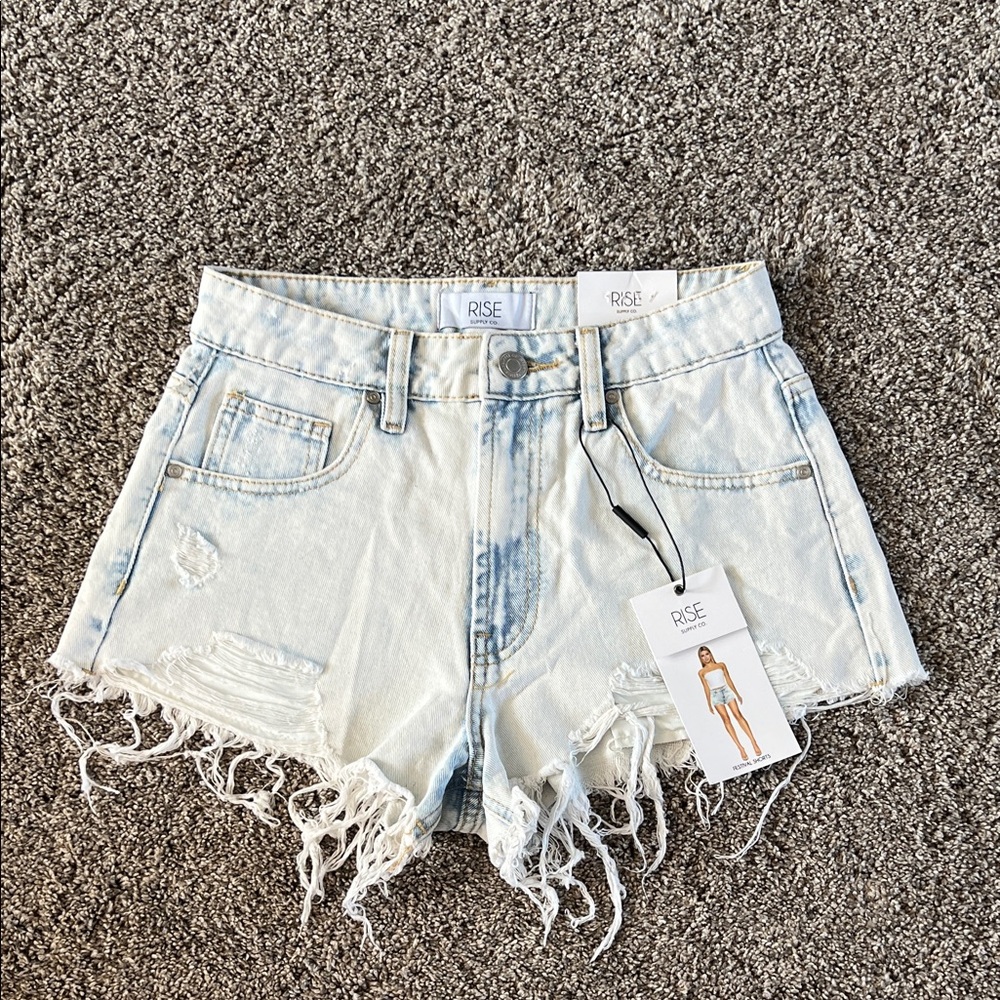 Light Wash Distressed Denim Shorts - White/Blue